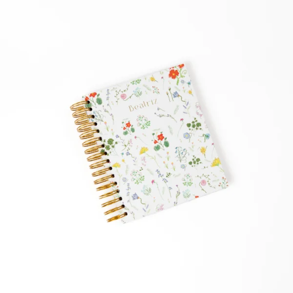 cuaderno personalizado foil dorado, libreta flores silvestres, cuaderno espiral dorado, cuaderno botánico, papelería de lujo, libreta hojas a elegir
