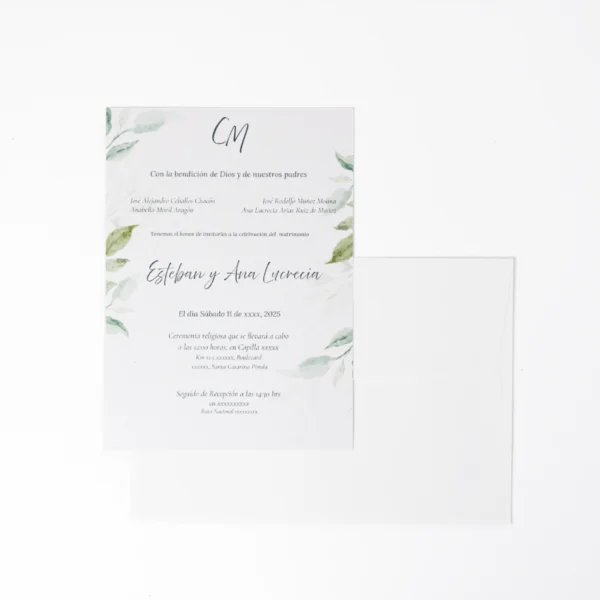 invitaciones de boda personalizadas, invitaciones de boda elegantes, invitación de boda hojas, invitación natural boda, invitación boda verde, invitación boda impresa, Printaton invitaciones, papelería de boda, diseño de invitaciones boda, invitaciones con sobre.