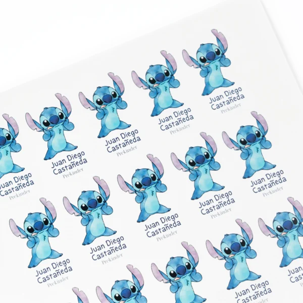 stickers escolares stitch, etiquetas nombre disney, kit escolar lilo y stitch, stickers personaje azul, etiquetas personalizadas colegio, stickers acuarela, kit escolar divertido, adhesivos para útiles, stickers back to school stitch