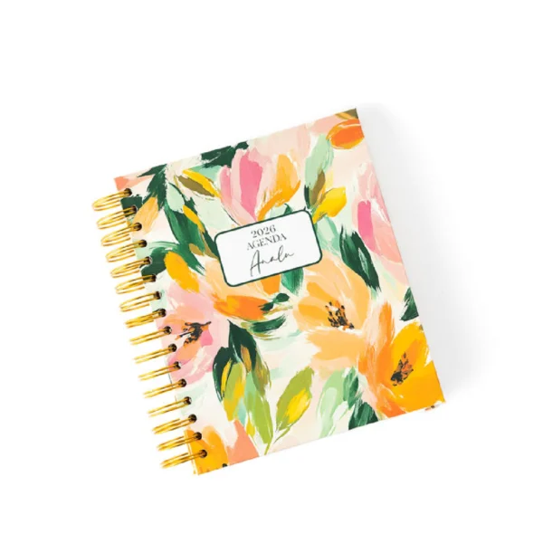 genda 2026 personalizada, agenda floral acuarela, agenda con espiral dorada, planificador mensual, agenda con stickers, papelería de lujo, regalo personalizado 2026.