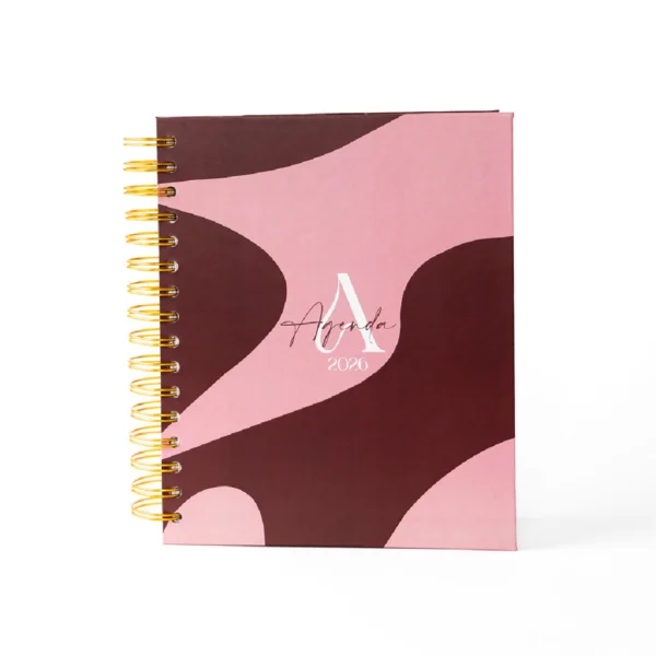 agenda 2026 corinta, agenda abstracto, planificador rosa y marrón, agenda sin foil, agenda formas orgánicas, agenda personalizada moderna, papelería color blocking, diseño contemporáneo.
