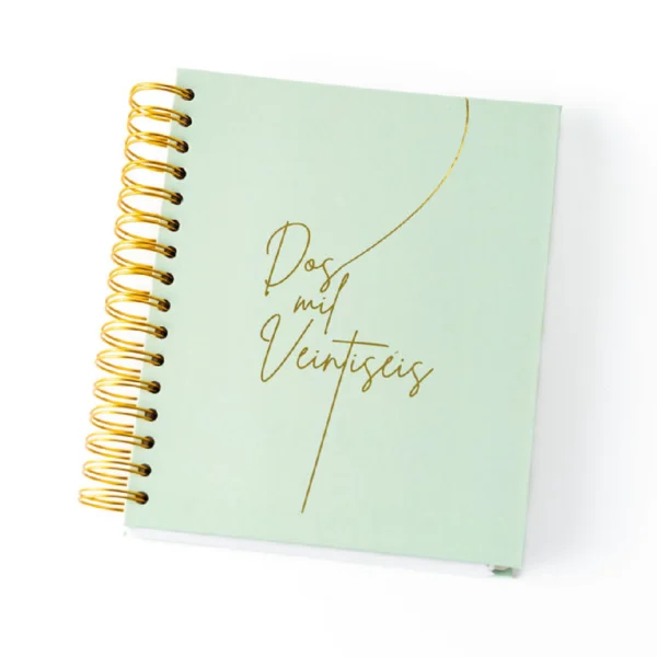 agenda 2026 menta, agenda foil dorado, agenda minimalista, agenda personalizada oro, planificador menta, agenda elegante 2026, papelería verde menta, agenda personalizada foil.
