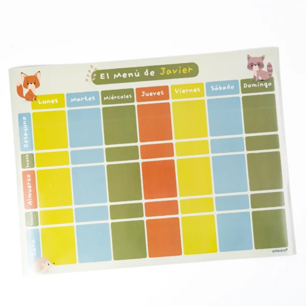 menú infantil magnético, planner infantil, menú semanal para niños, imán personalizado, menú para refrigerador, menú animalitos del bosque, planificador de comidas infantil, menú magnético personalizado para niños