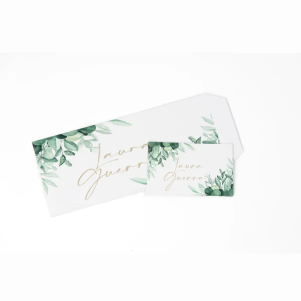 sobre tarjeta eucalipto, invitaciones botánicas, papeleria verde salvia, kit boda rústica, sobres foil dorado, tarjetas eucalipto, diseño orgánica, papeleria rústica chic, kit boda botánico