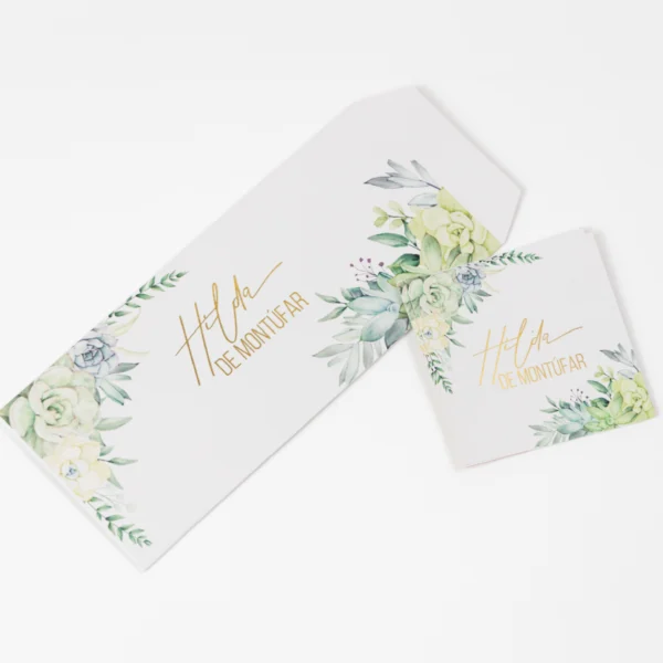 sobre tarjeta suculentas, invitaciones botánicas, papeleria acuarela, kit jardín, sobres foil dorado, tarjetas texturizadas, diseño hojas verdes, papeleria organica, boda en jardín