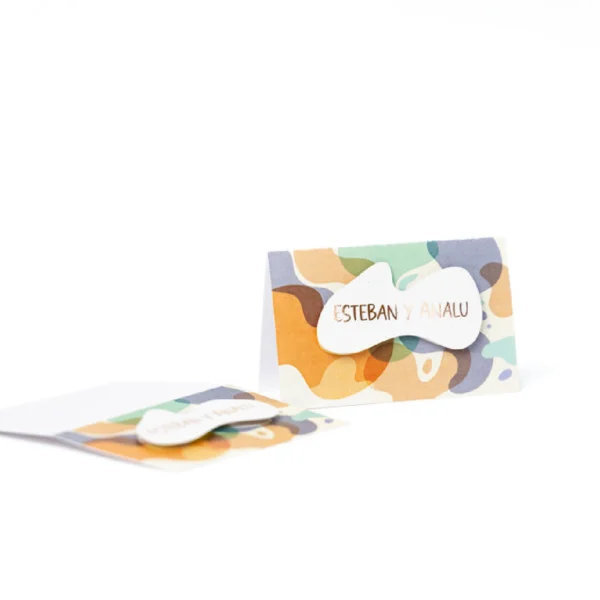 tarjeta doble foil oro rosa, tarjeta díptico abstracto, papelería color block, tarjeta plegable orgánica, foil rose gold moderno, tarjeta esteban y analu, diseño vanguardista, tarjeta artística