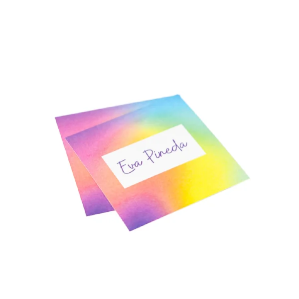 tarjetas cuadradas arcoíris, etiquetas regalo acuarela, tarjeta simple colores, kit papeleria juvenil, tarjetas arcoíris degradado, tarjetas vibrantes, diseño cromático