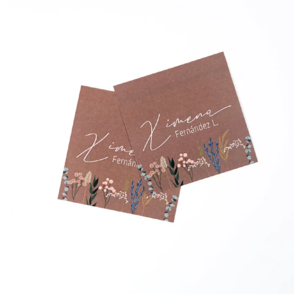 tarjetas cuadradas terracota, etiquetas regalo rústico, tarjeta simple flores secas, kit papeleria boho, tarjetas botanica terracota, tarjetas rústicas, diseño boho chic, tarjeta Ximena