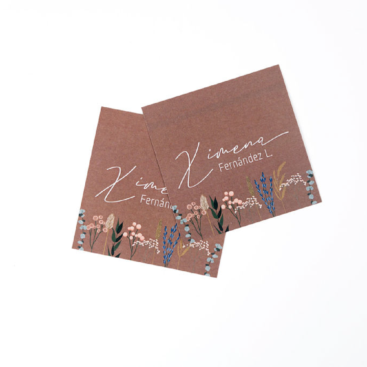 tarjetas cuadradas terracota, etiquetas regalo rústico, tarjeta simple flores secas, kit papeleria boho, tarjetas botanica terracota, tarjetas rústicas, diseño boho chic, tarjeta Ximena